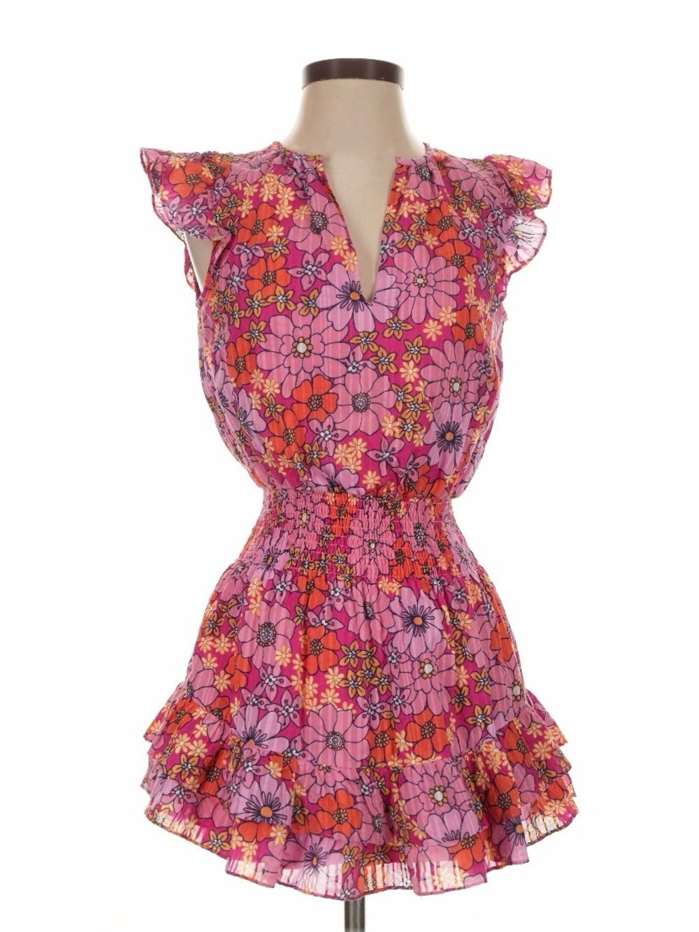 Ramy Brook Pink Floral Ruffle-Smock Mini Dress